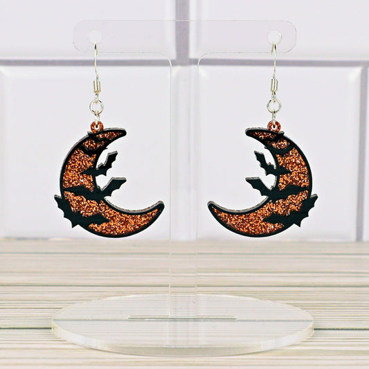Orange Glitter Crescent Moon Bat Earrings