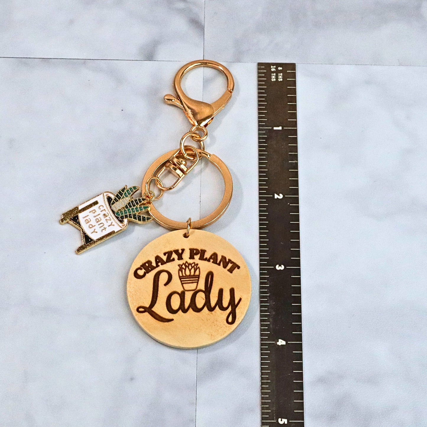 Crazy Plant Lady Keychain: Enamel Snake Plant Charm with Engraved Wood Disc