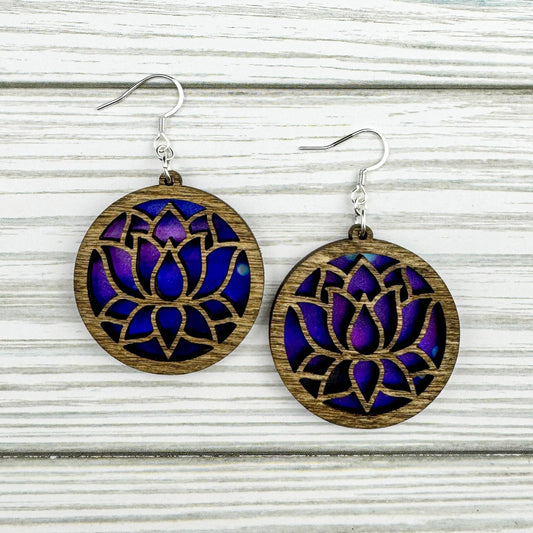 Lotus Flower Suncatcher Wood Earrings