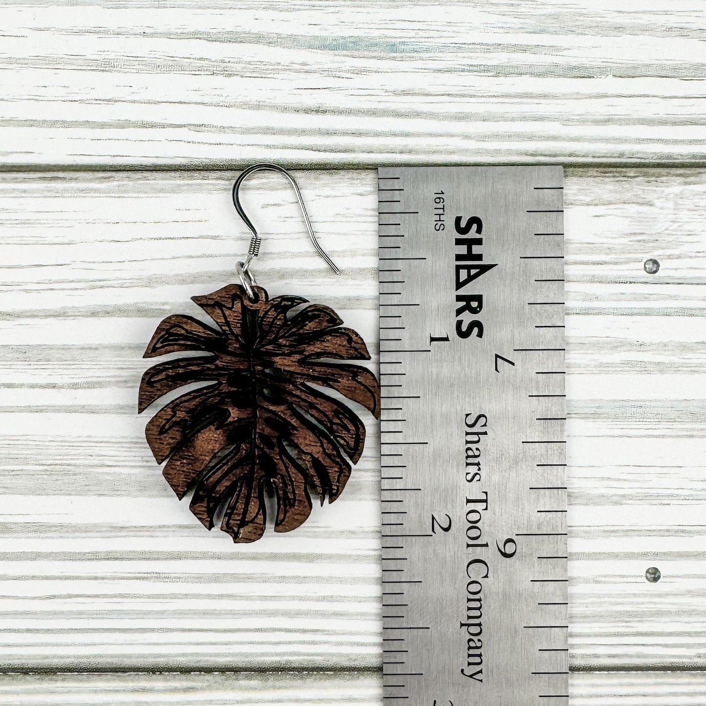 Monstera Plant Leaf Walnut Wood Dangle Earrings