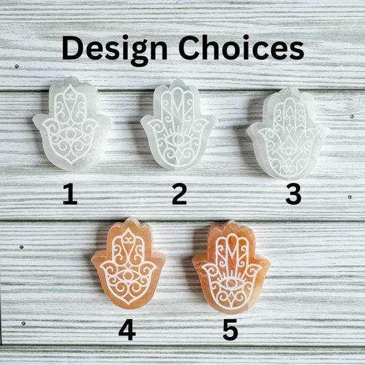 Engraved Selenite Hamsa - 2" Satin Spar Carving