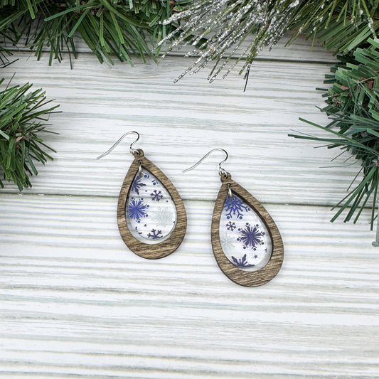 Snowflake Print Wood and Acrylic Teardrop Dangle Earrings