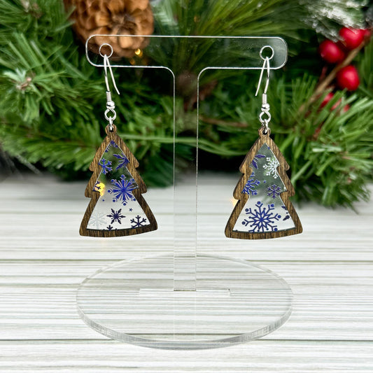 Snowflake Pattern Winter Tree Wood and Acrylic Earrings