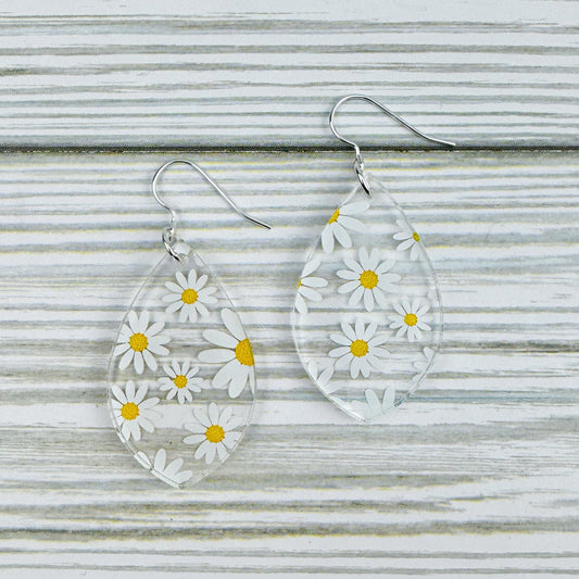 Daisy Print Acrylic Teardrop Earrings