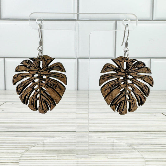 Monstera Plant Leaf Walnut Wood Dangle Earrings
