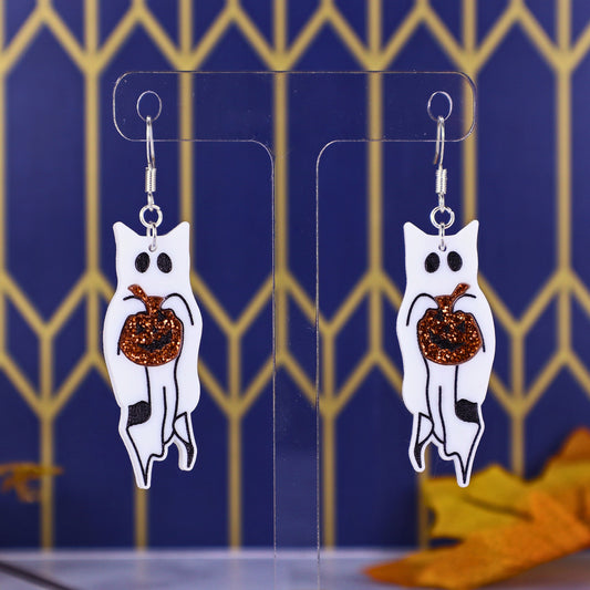 Ghost Cat with Glitter Pumpkin Acrylic Earrings