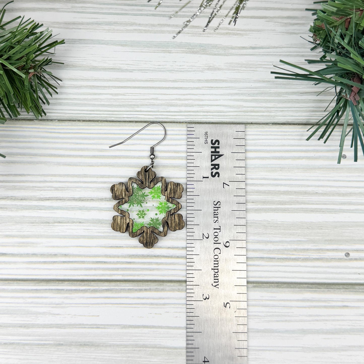 Marijuana Leaf Print Wood and Acrylic Snowflake Earrings