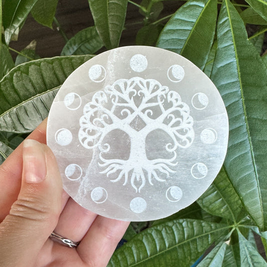 Tree of Life Moon Phase Engraved Selenite Charging Plate