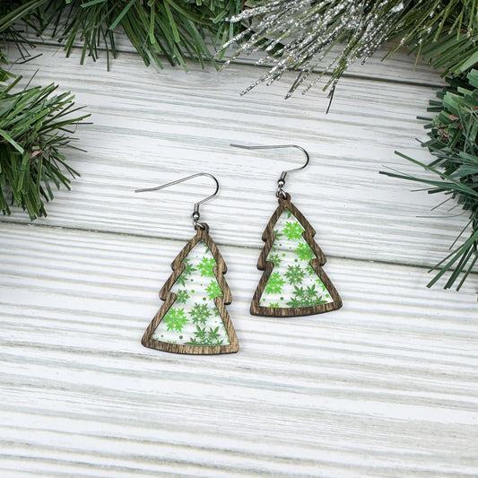 Marijuana Leaf Snowflake Print Wood and Acrylic Tree Earrings