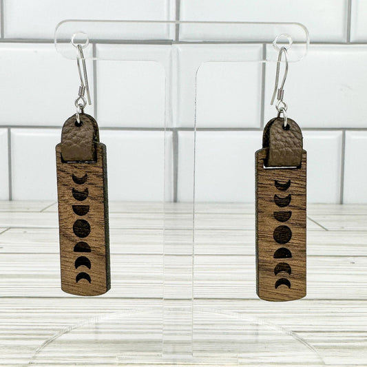 Moon Phase Dangle Bar Earrings with Leather Accent