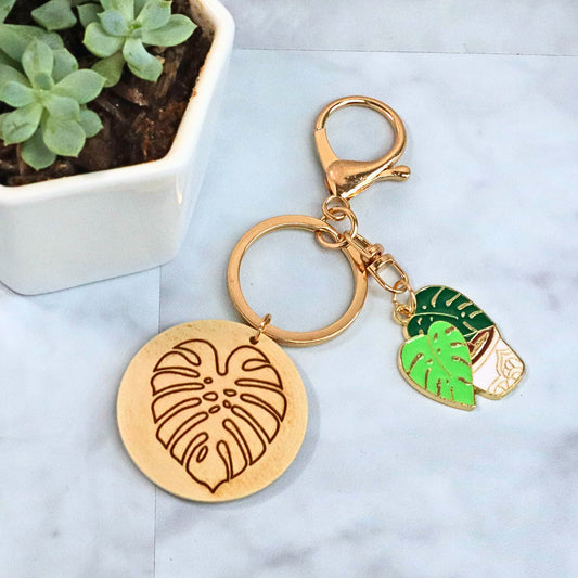 Monstera Keychain: Enamel Plant Charm with Laser Engraved Wood Disc