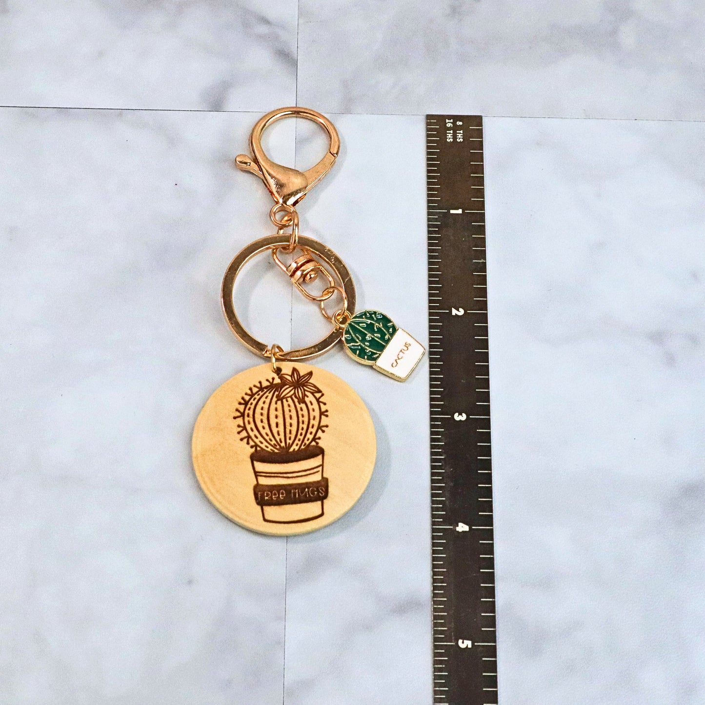 Cactus Keychain: Enamel Charm and Engraved Wood Disc