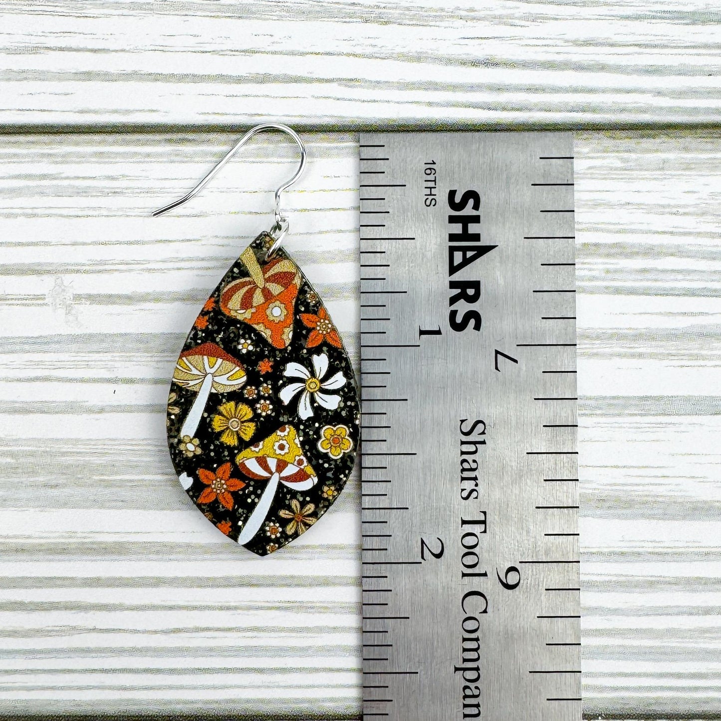 Black Glitter Mushroom Print Teardrop Acrylic Earrings