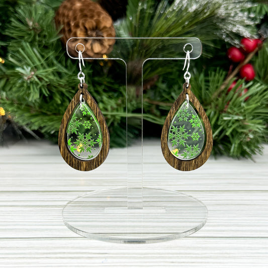 Marijuana Snowflake Print Wood and Acrylic Teardrop Dangle Earrings