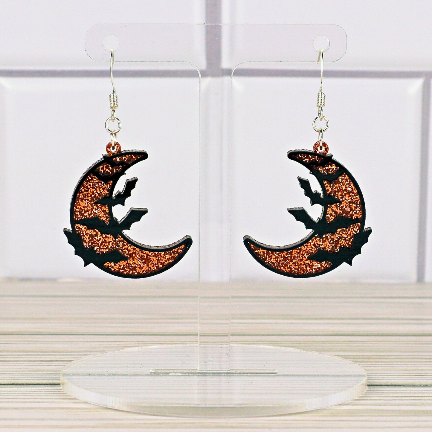 Orange Glitter Crescent Moon Bat Earrings