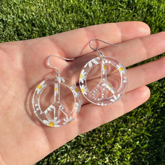 Daisy Print Peace Sign Acrylic Earrings