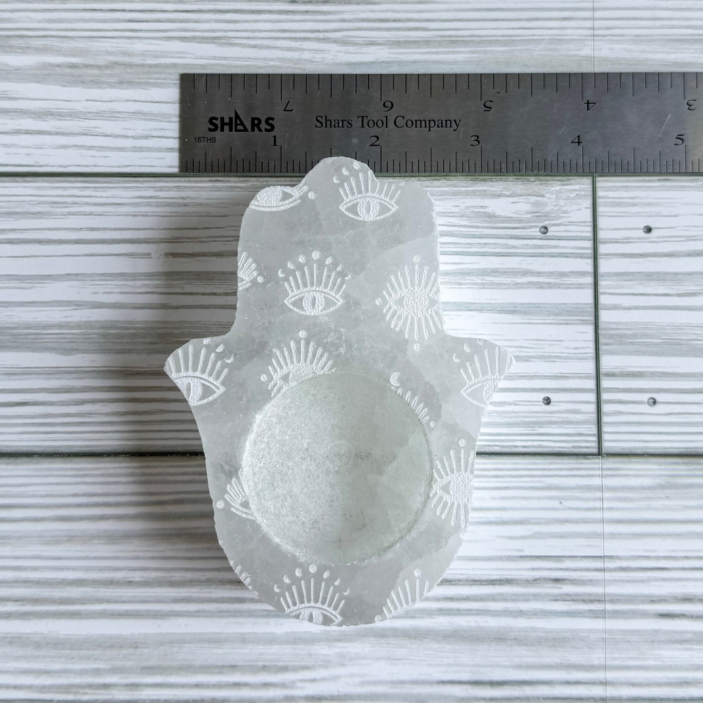 Hamsa Engraved Selenite Candle Holder