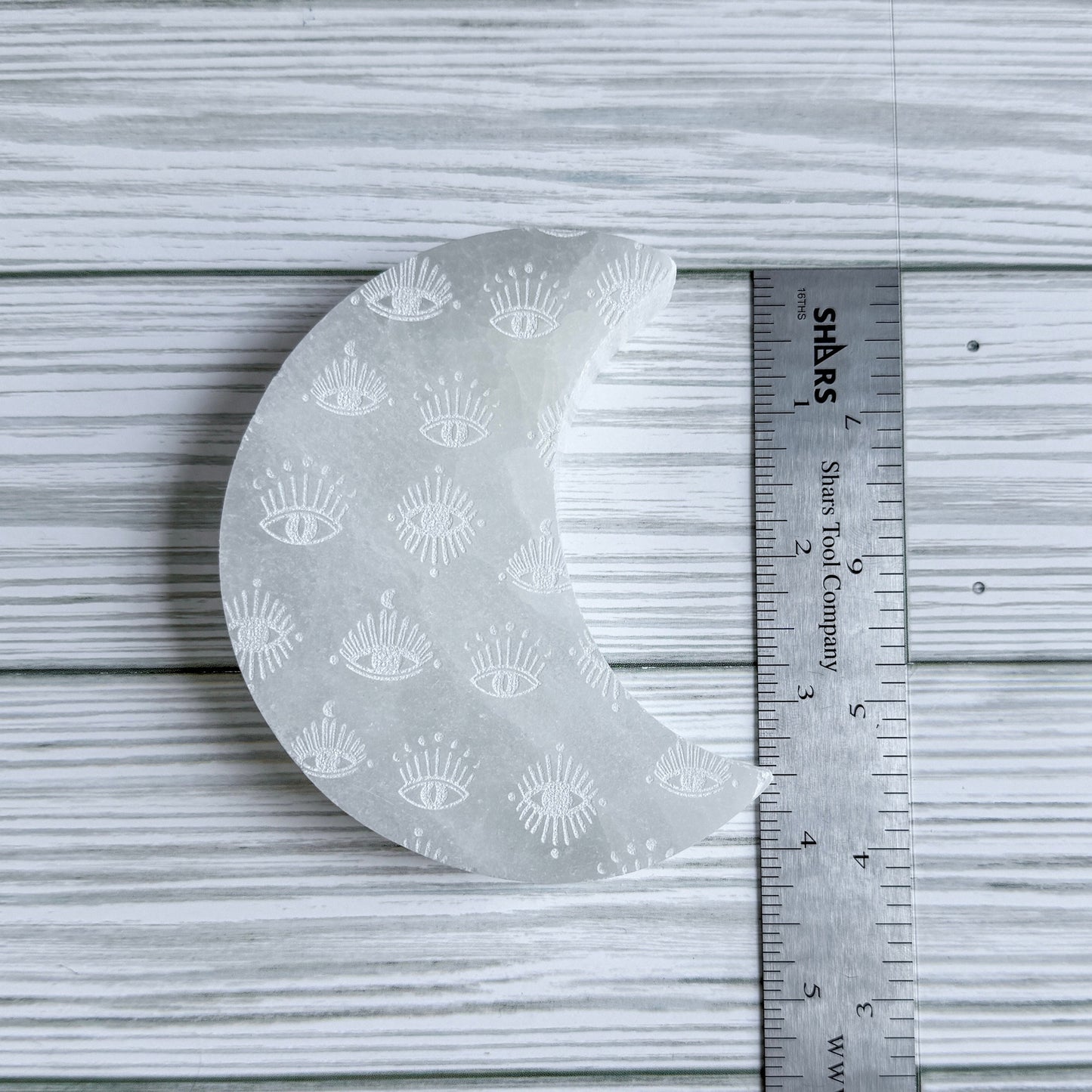 Crescent Moon Engraved Selenite Charging Plate - 4" Satin Spar Carving