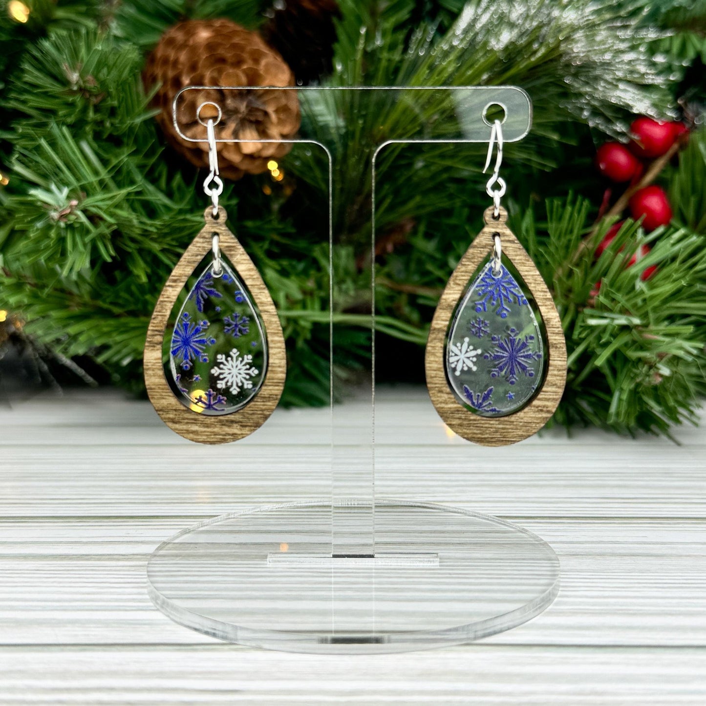 Snowflake Print Wood and Acrylic Teardrop Dangle Earrings