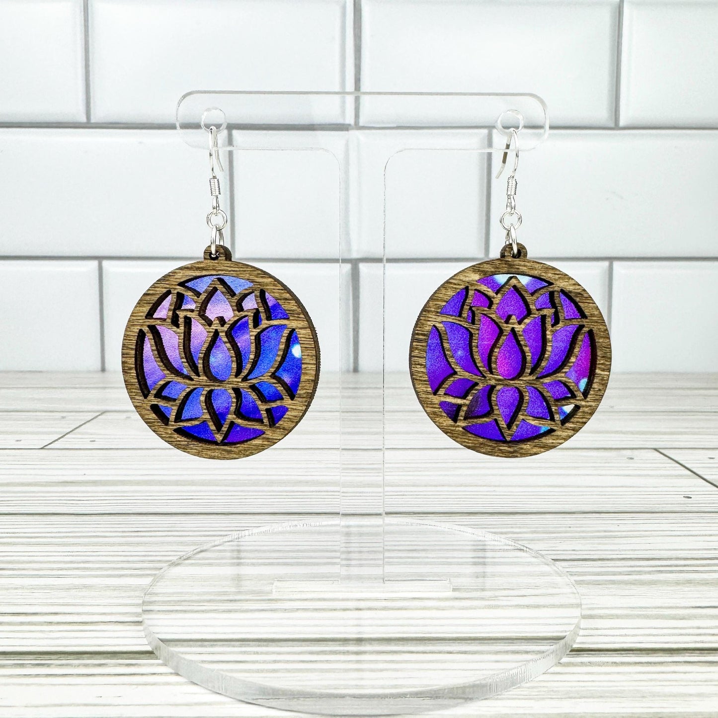 Lotus Flower Suncatcher Wood Earrings