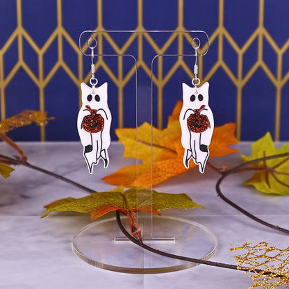 Ghost Cat with Glitter Pumpkin Acrylic Earrings