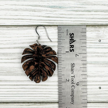 Monstera Plant Leaf Walnut Wood Dangle Earrings