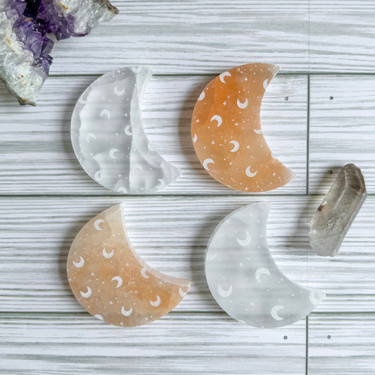 Engraved Selenite Crescent Moon