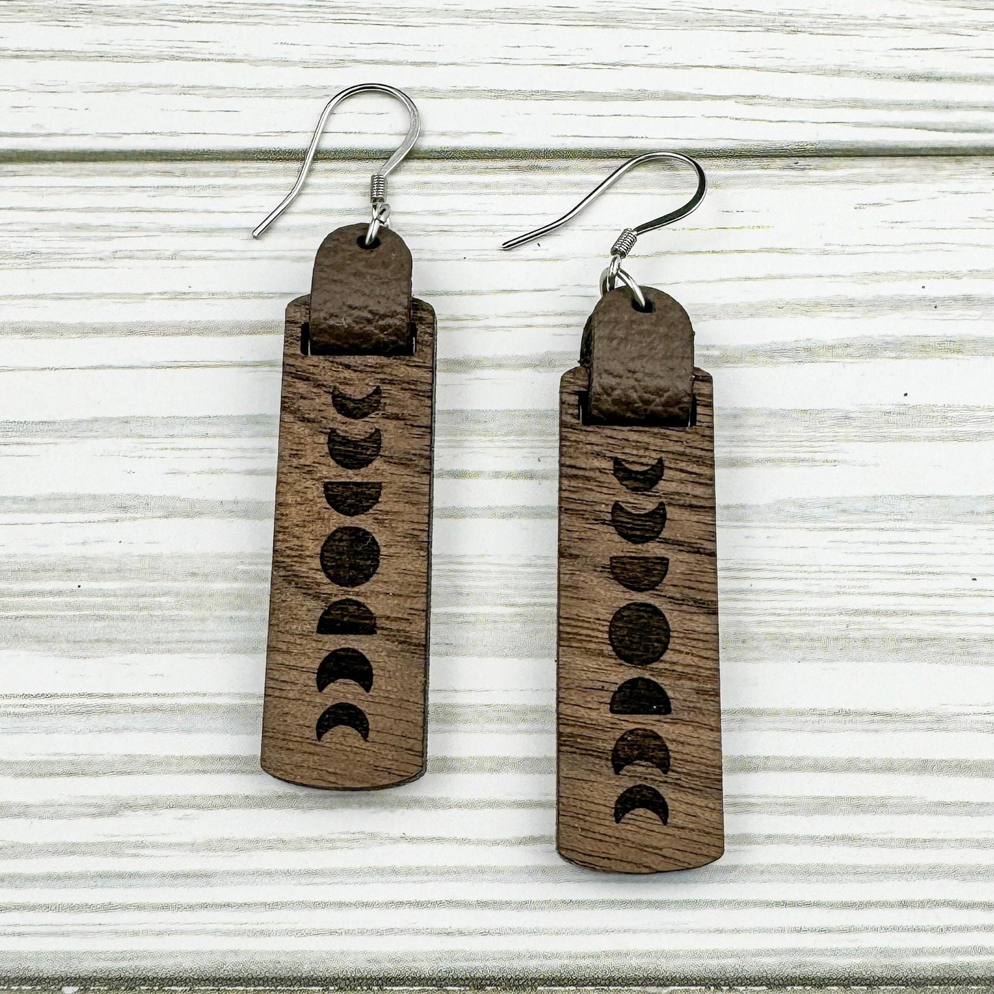 Moon Phase Dangle Bar Earrings with Leather Accent