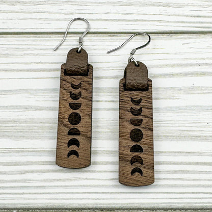 Moon Phase Dangle Bar Earrings with Leather Accent