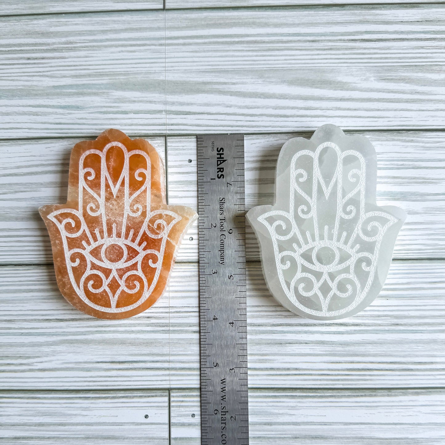 Engraved Selenite Hamsa - 4" Satin Spar Carving