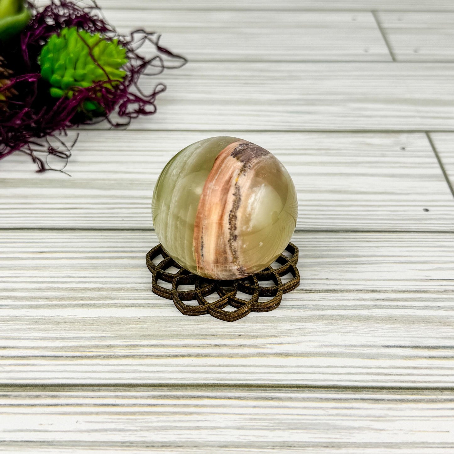 Banded Calcite Sphere - 1.8" Stone Ball with Laser Cut Stand