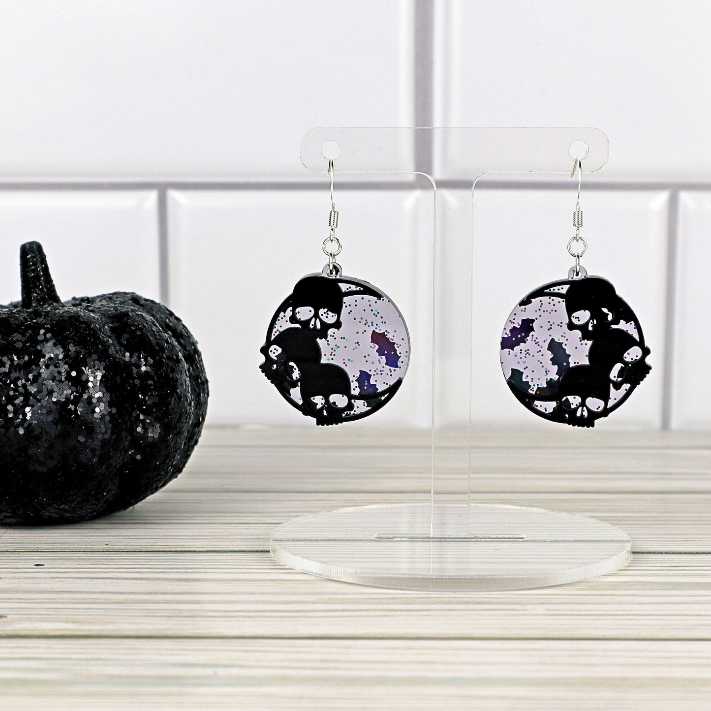 Skull Crescent Moon Earrings: Glitter Bat Confetti