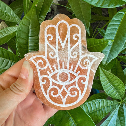 Engraved Selenite Hamsa - 4" Satin Spar Carving
