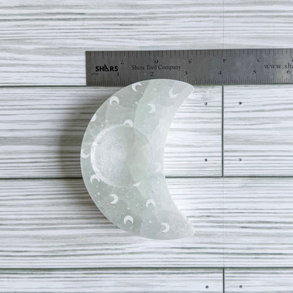 Crescent Moon Engraved Selenite Candle Holder