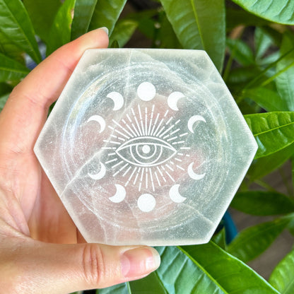 Moon Phase Eye Design Engraved Selenite Dish