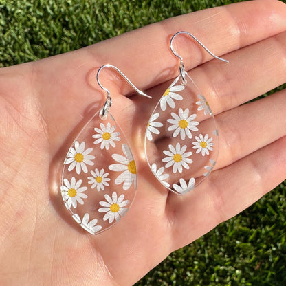 Daisy Print Acrylic Teardrop Earrings