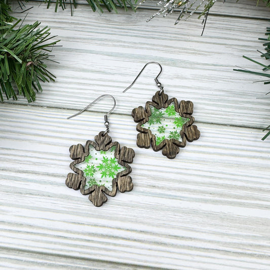 Marijuana Leaf Print Wood and Acrylic Snowflake Earrings