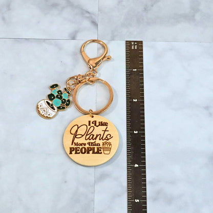 Introvert Plant Lover Keychain: Enamel Pilea Charm & Engraved Wood Disc