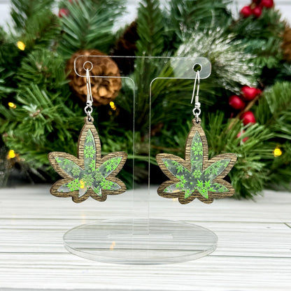 Marijuana Leaf Snowflake Print Acrylic Inlay Earrings