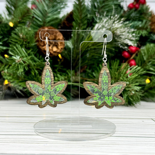 Marijuana Leaf Snowflake Print Acrylic Inlay Earrings