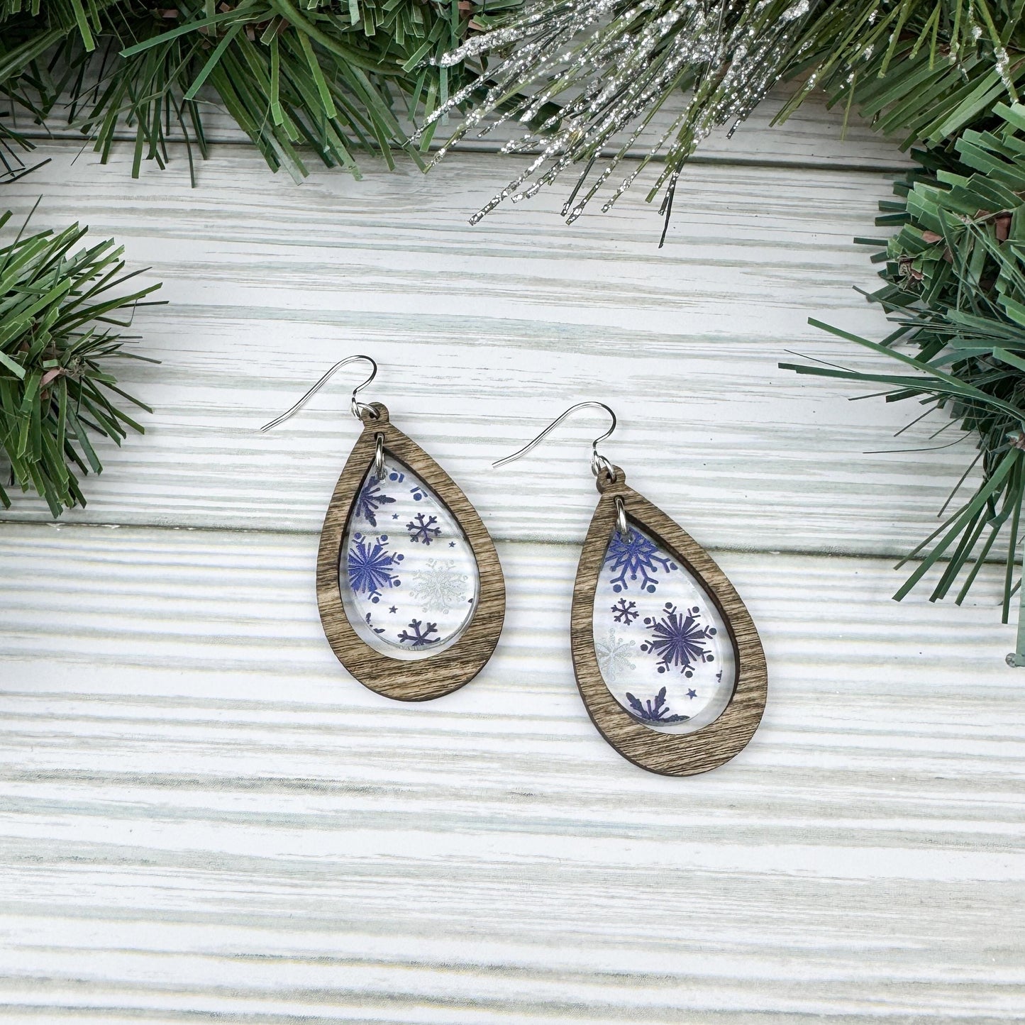 Snowflake Print Wood and Acrylic Teardrop Dangle Earrings