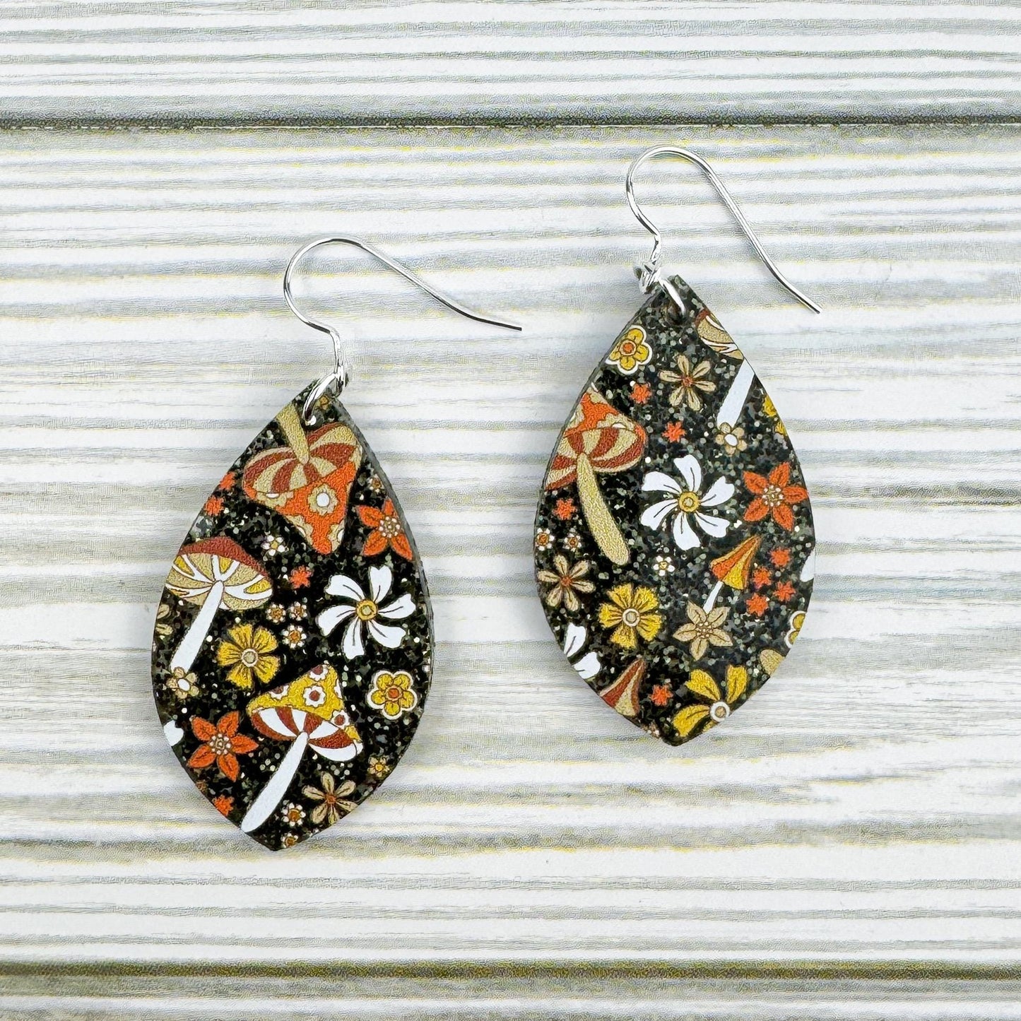 Black Glitter Mushroom Print Teardrop Acrylic Earrings