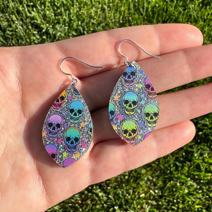 Silver Glitter Rainbow Skull Print Acrylic Earrings