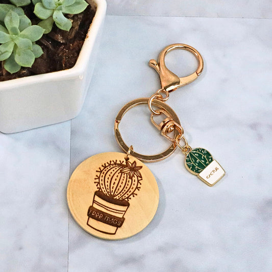 Cactus Keychain: Enamel Charm and Engraved Wood Disc