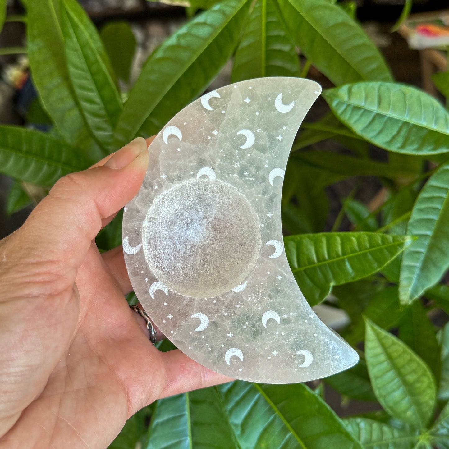Crescent Moon Engraved Selenite Candle Holder