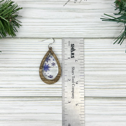 Snowflake Print Wood and Acrylic Teardrop Dangle Earrings