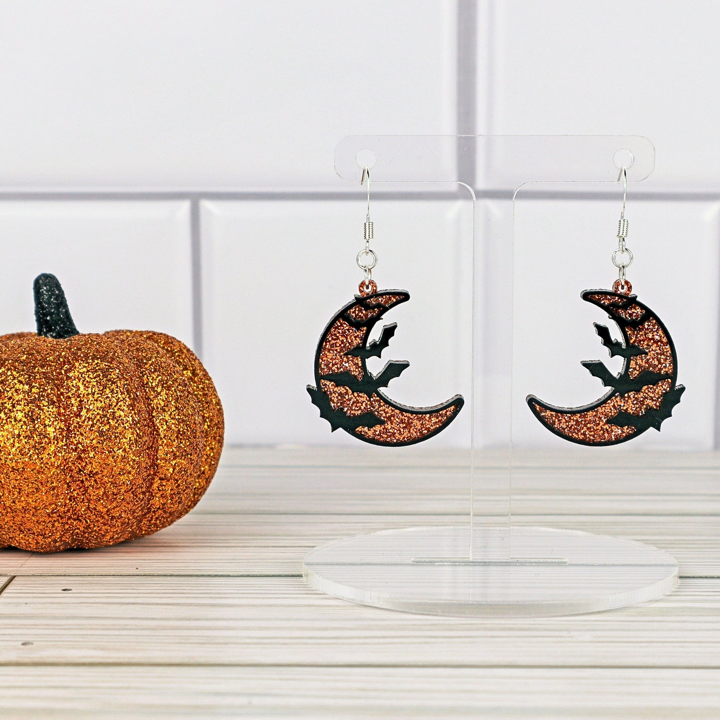 Orange Glitter Crescent Moon Bat Earrings