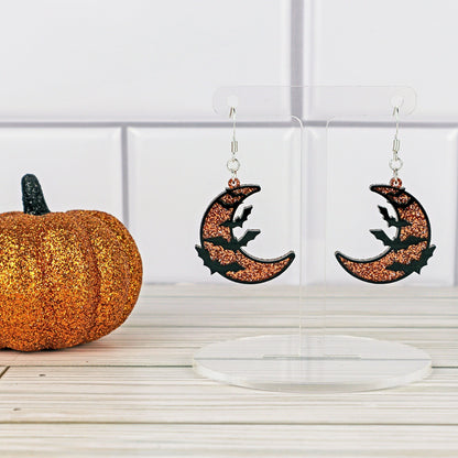 Orange Glitter Crescent Moon Bat Earrings