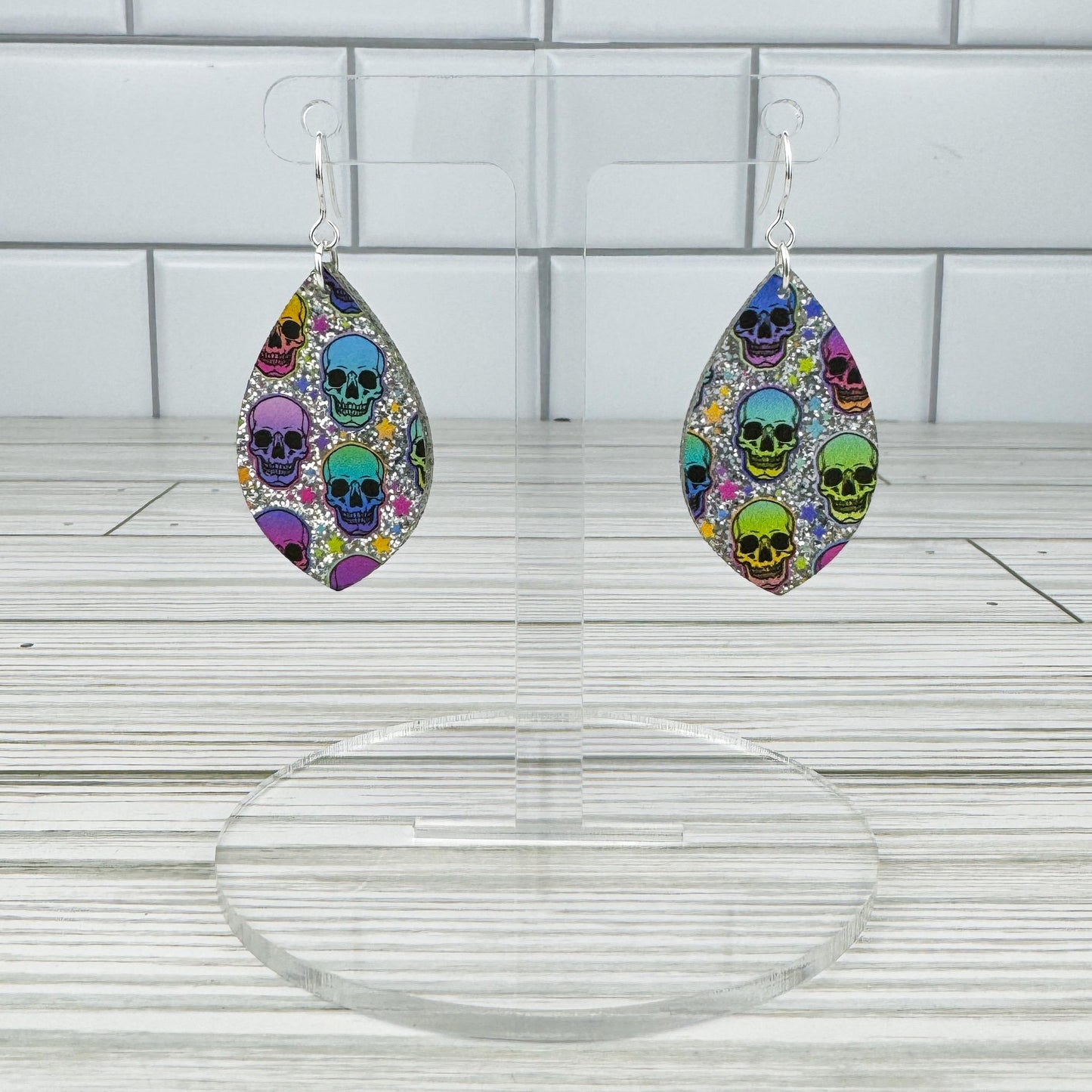 Silver Glitter Rainbow Skull Print Acrylic Earrings
