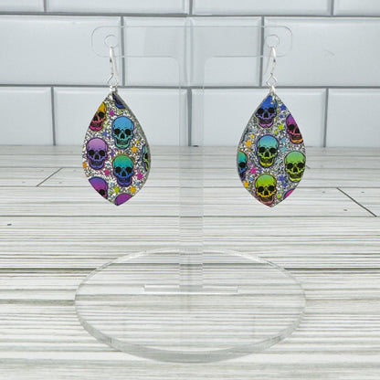 Silver Glitter Rainbow Skull Print Acrylic Earrings